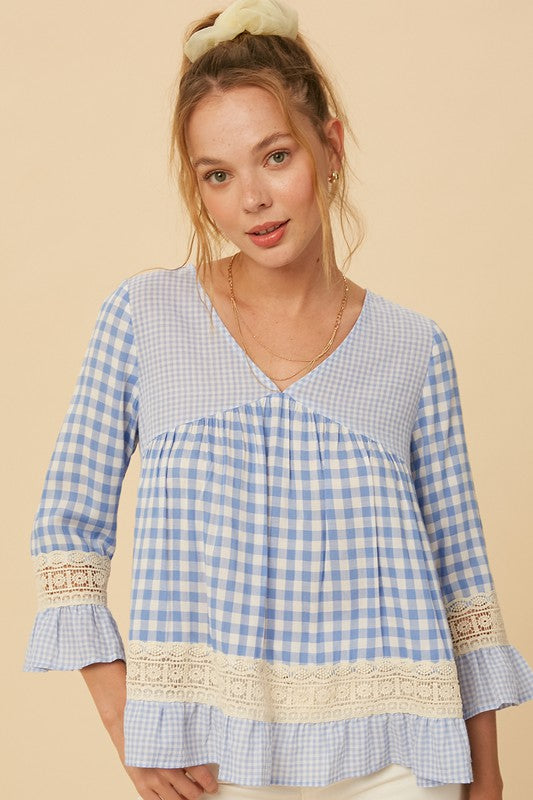 Gingham Contrast Ruffle Top